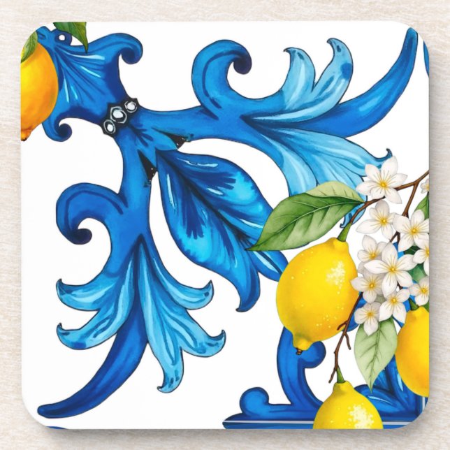 Dessous-de-verre sicilien, été, citron, mosaïque, bleu (Devant)