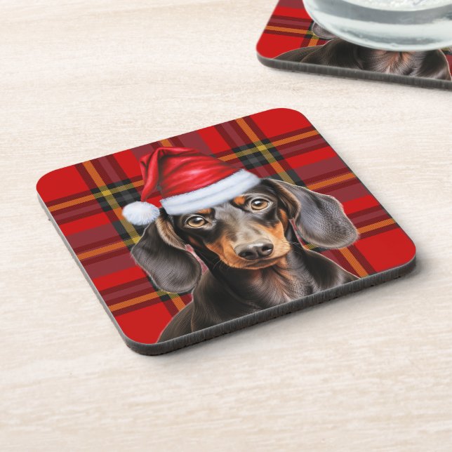 Dessous-de-verre Smooth Dachshund with Red and Green Holiday Plaid (Côté gauche)