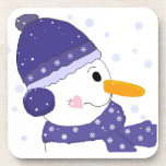 Dessous-de-verre Snowman With Heart On His Cheek<br><div class="desc">Cute side view of a snowman with a big carrot nose and a little pink heart on his cheek. Blue hat,  scarf and ear muffs with little snowflakes.</div>