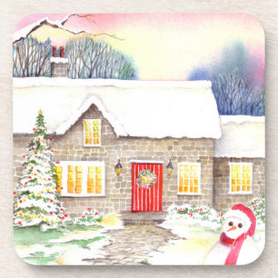 Dessous-de-verre Snowy Cottage Watercolor Painting
