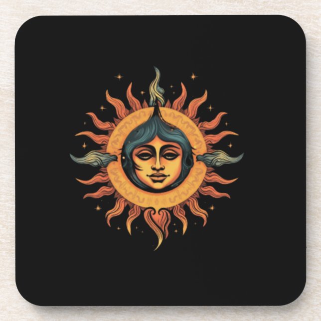 Dessous-de-verre soleil banal, soleil rétro, soleil avec visage de  (Devant)