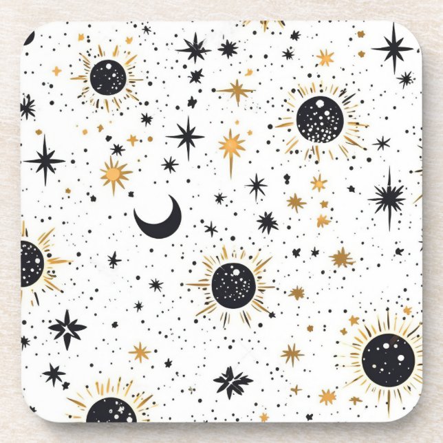 Dessous-de-verre Soleil Lune Étoiles Noir et Or Céleste (Devant)