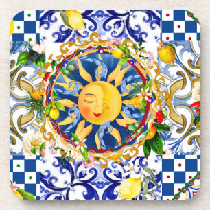 Dessous-de-verre soleil sicilien, citron, carreaux méditerranéens,