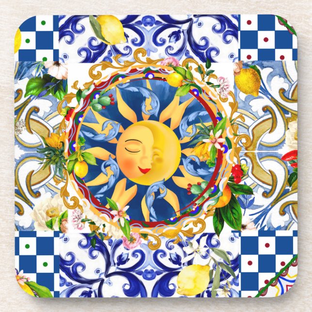 Dessous-de-verre soleil sicilien, citron, carreaux méditerranéens, (Devant)