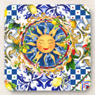 Dessous-de-verre soleil sicilien, citron, carreaux méditerranéens,