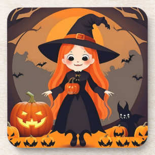 Dessous-de-verre Sorcière adorable dans un décor d'Halloween avec d