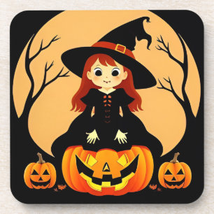 Dessous-de-verre Sorcière dans un décor d'Halloween avec des citrou