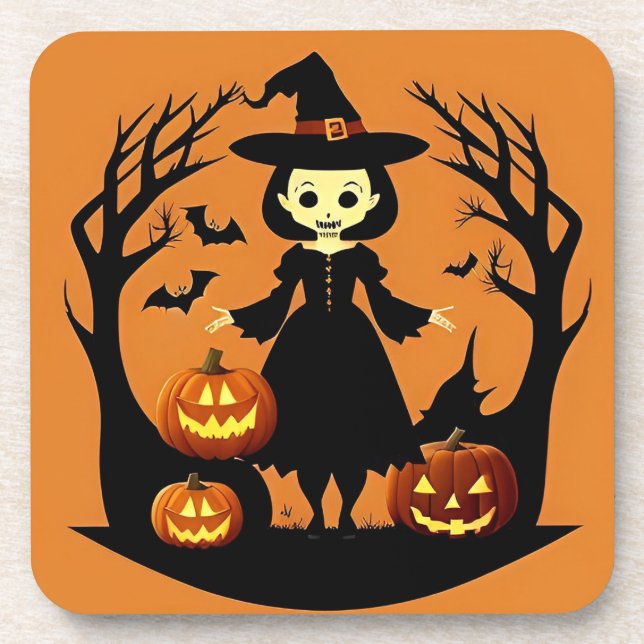 Dessous-de-verre Sorcière d'Halloween avec citrouilles dans un cadr (Devant)