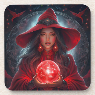 Dessous-de-verre Sorcière rouge avec boule de cristal et arrière-pl