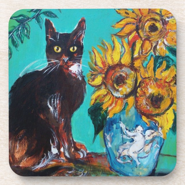 DESSOUS-DE-VERRE SOUCHES AVEC CHAT NOIR EN TURQUOISE BLEUE (Devant)
