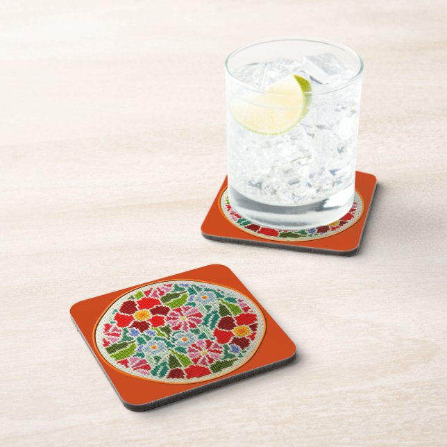 Dessous-de-verre Souvenirs d'été brodés main ornement rond (Côté Droit)