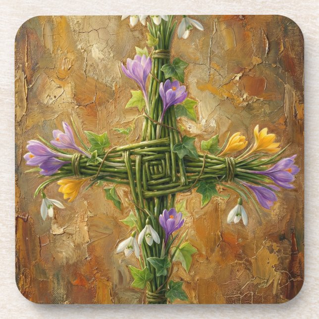 Dessous-de-verre St Brigid Cross Green Rushes Crocus Imbolc Art (Devant)