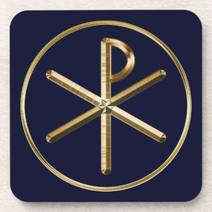 Dessous-de-verre Symbole de Chi-Rho d'or sur bleu-foncé