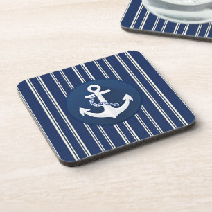 Dessous-de-verre Symbole nautique d'ancre blanc bleu marine