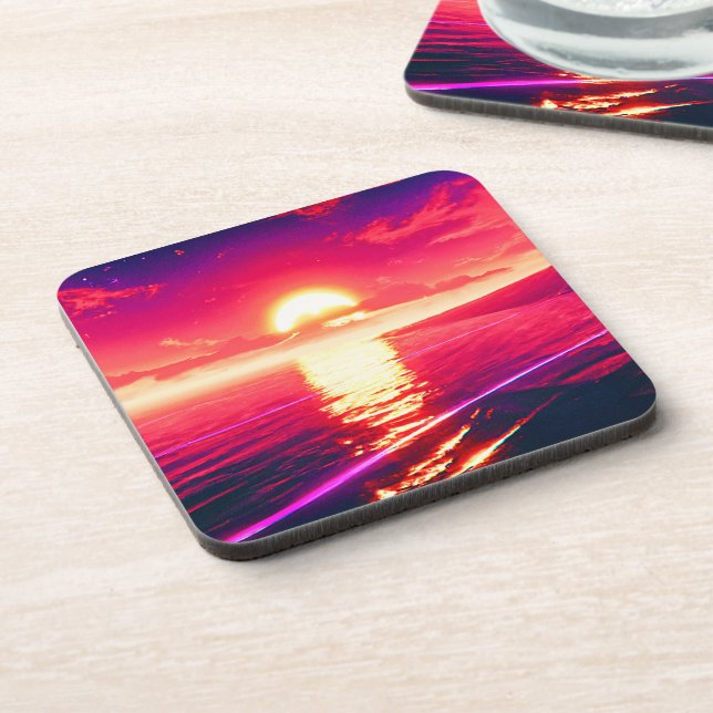 Dessous-de-verre Synthwave numérique Sunset Sea Reflection (Côté gauche)