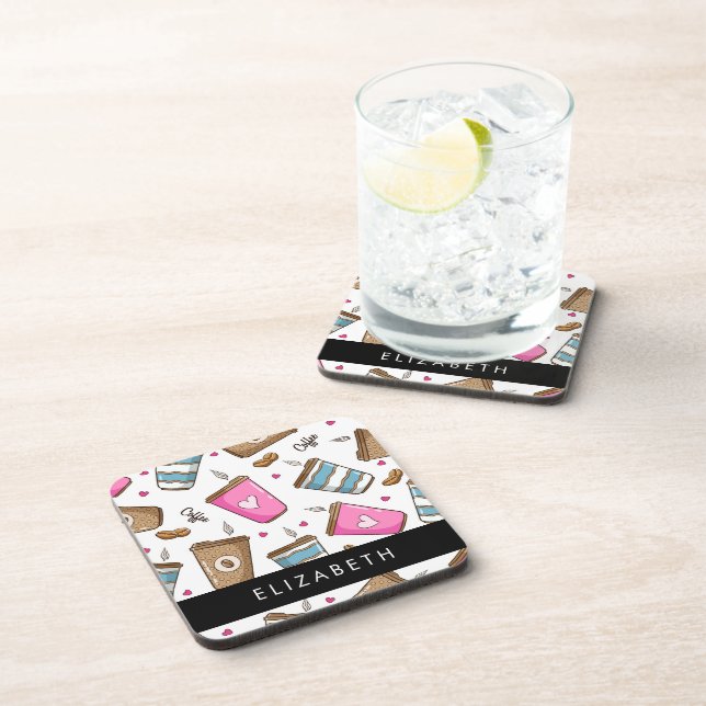 Dessous-de-verre Tasses À Café, Haricots À Café, Coeurs, Votre Nom (Côté Droit)