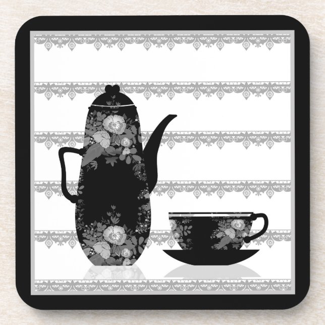 Dessous-de-verre Tea coffee pot cup black white illustration retro (Devant)