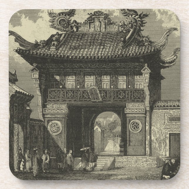 Dessous-de-verre Temple impérial asiatique en noir et blanc (Devant)