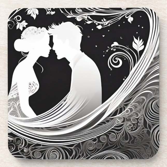 Dessous-de-verre Tender Kiss Blanc & Noir Silhouette Amour (Devant)