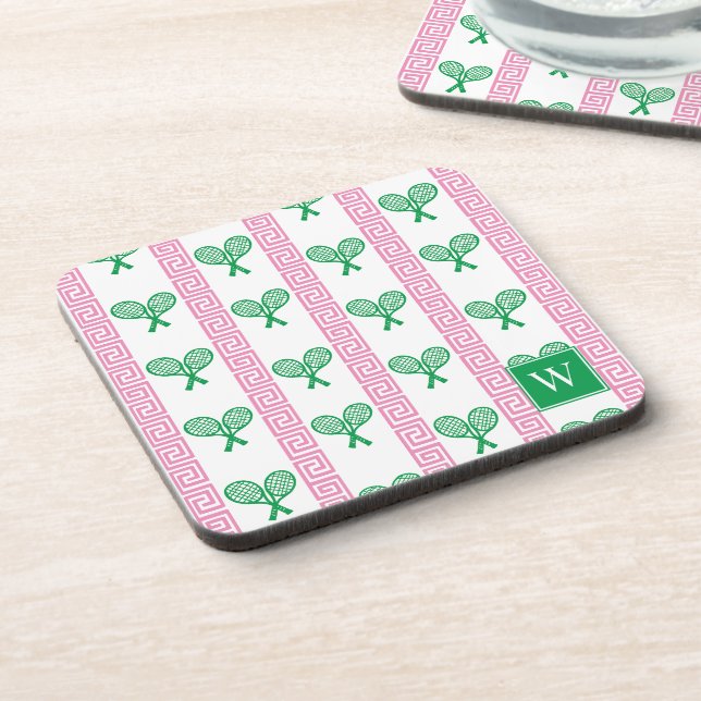 Dessous-de-verre Tennis Rayure Clé Grecque - Monogramme Rose & Vert (Côté gauche)