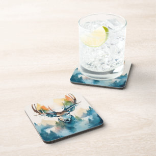 Dessous-de-verre Tête de cerf avec bois et arbres de forêt