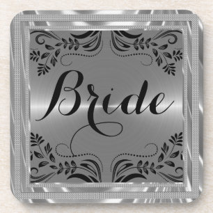 Dessous-de-verre Texte de la mariée à cadre floral argenté et noir