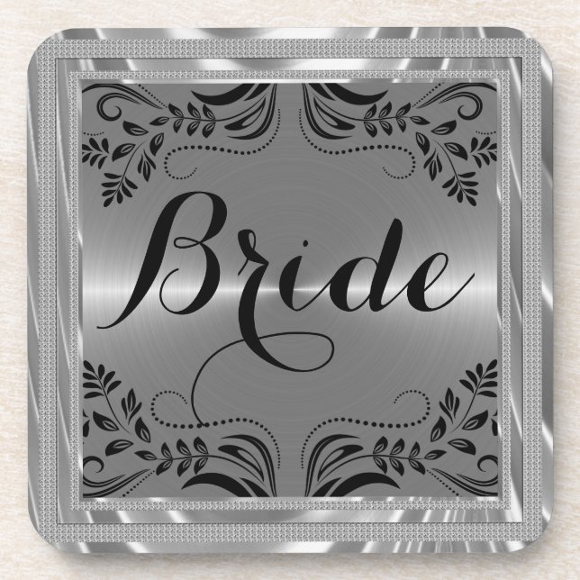 Dessous-de-verre Texte de la mariée à cadre floral argenté et noir (Devant)