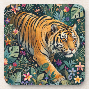 Dessous-de-verre Tigre aux yeux ambre, feuillage de jungle fantaisi