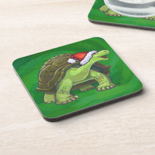 Dessous-de-verre Tortue avec un chapeau de Père Noël sur fond vert