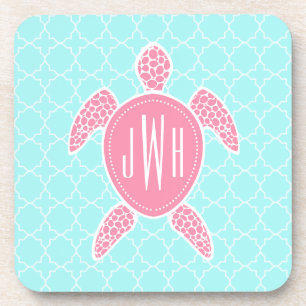 Dessous-de-verre Tortue de mer rose monogramme + Quatrefoil bleu