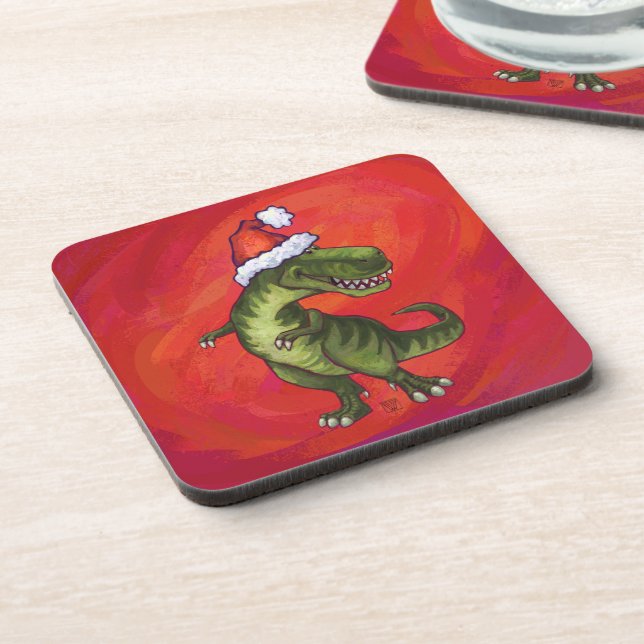 Dessous-de-verre TRex Dino à Santa Hat sur Red (Côté gauche)