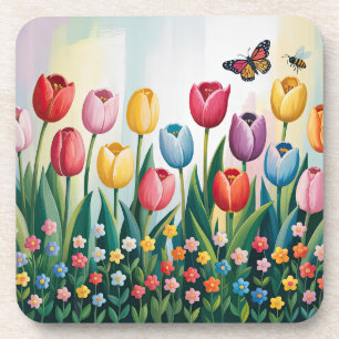 Dessous-de-verre Tulipes et papillons de printemps Floral coloré