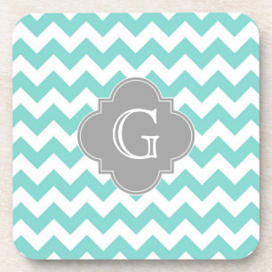 Dessous-de-verre Turq/Aqua White Chevron Gray Quatrefoil monogram