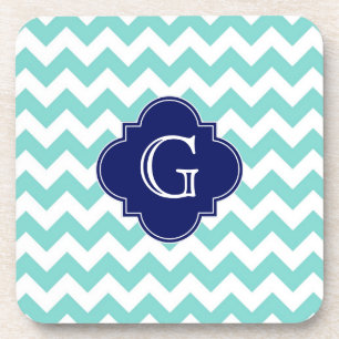 Dessous-de-verre Turq / Aqua Wht Chevron Navy Quatrefoil Monogramme