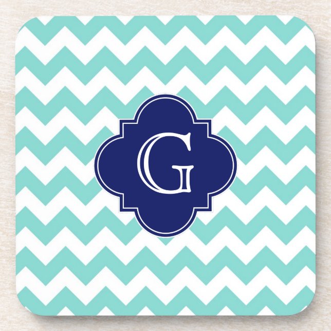 Dessous-de-verre Turq / Aqua Wht Chevron Navy Quatrefoil Monogramme (Devant)
