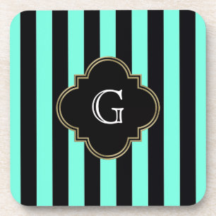 Dessous-de-verre Turquoise and Black Stripes Pattern with monogram