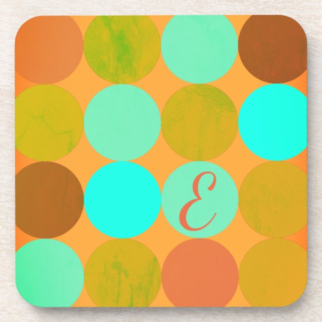 Dessous-de-verre Turquoise Bleu Vert & Cercles Orange Monogramme (Devant)
