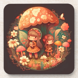 Dessous-de-verre Two little girls under the mushroom brown decor