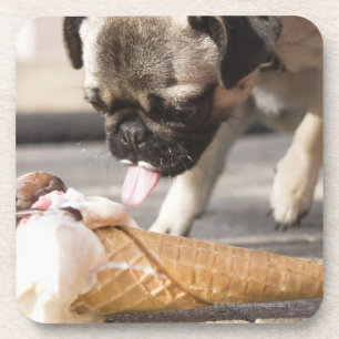 Dessous-de-verre Un chien mangeant une crème glacée d'un trottoir