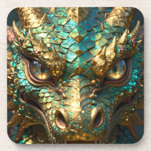 Dessous-de-verre Un dragon mystique turquoise et or
