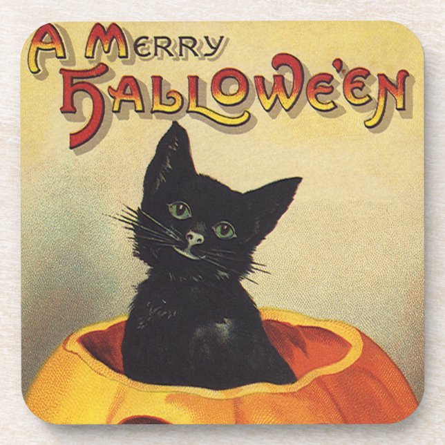 Dessous-de-verre Un joyeux Halloween par Ellen Clapsaddle, chat vin (Devant)