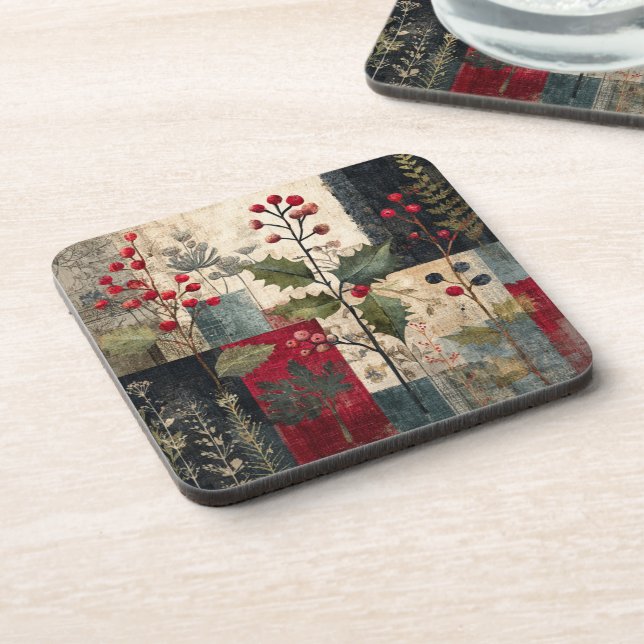 Dessous-de-verre Un Patchwork Rustique d'Hiver aux Baies de Houx (Côté gauche)