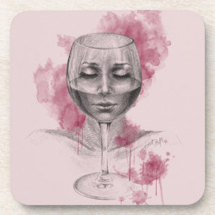 Dessous-de-verre Une femme visage dans le verre de vin dessin surré