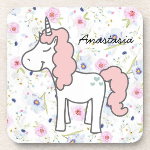 Dessous-de-verre Unicorne rose doux, Fleurs et votre nom
