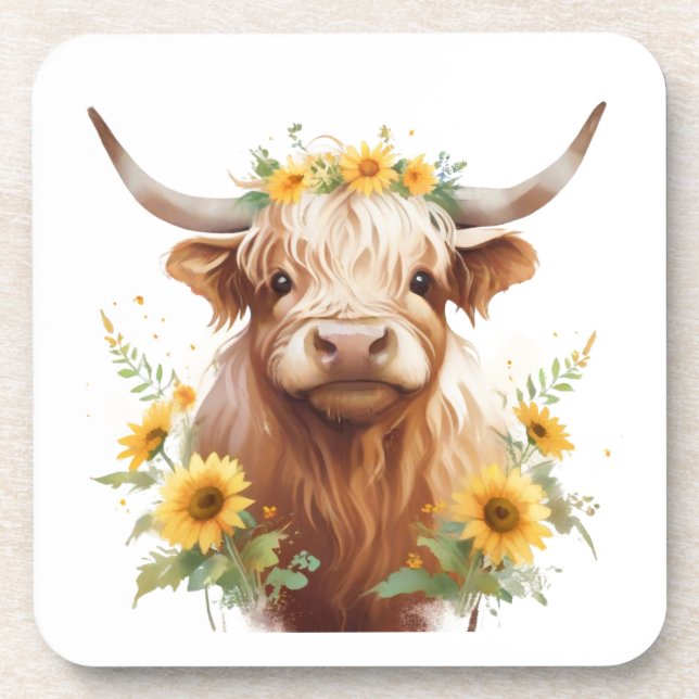 Dessous-de-verre Vache Highland avec Couronne de fleurs de tourneso (Devant)