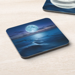 Dessous-de-verre Vagues océaniques éclairées par la lune avec plein