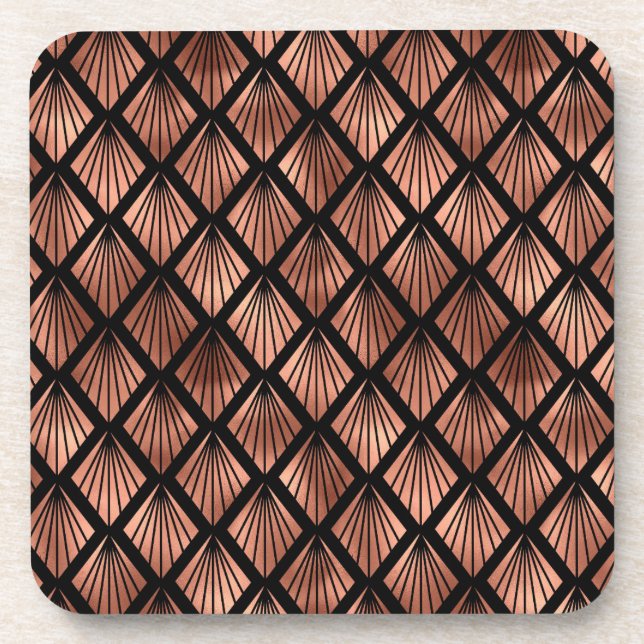 Dessous-de-verre Ventilateurs rose Gold Art Déco sur Noir (Devant)