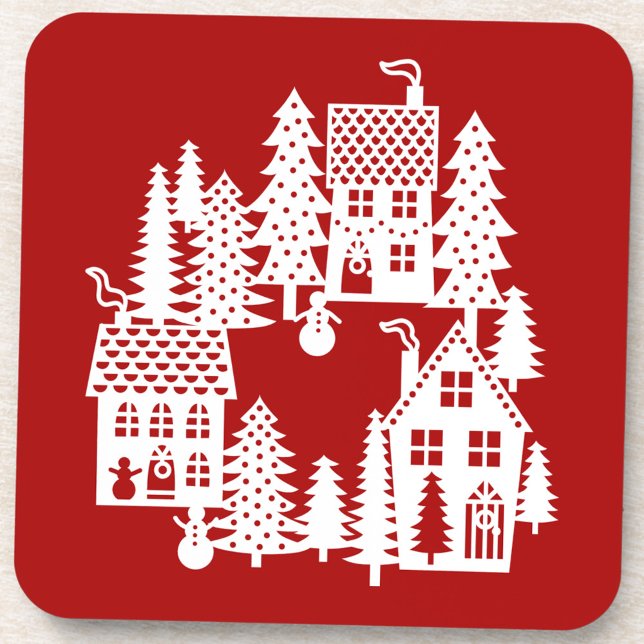 Dessous-de-verre Village de Noël Rouge et Blanc (Christmas Village red and white  festive drinks coaster)