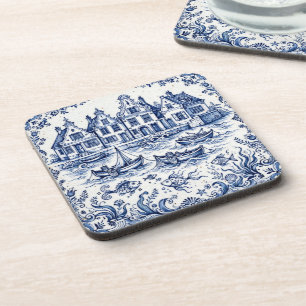 Dessous-de-verre Ville de Delft & Port de Pêche Bleu Cobalt Blanc