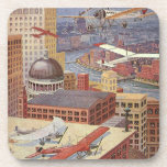 Dessous-de-verre Ville de science-fiction vintage, Victorian Steam<br><div class="desc">Illustration vintage punk à vapeur Victorian Science Fiction image de ville futuriste. La métropole urbaine de Paris,  France à l'avenir avec des voitures volantes,  des hélicoptères et des avions pour le voyage et le transport. Cette scène steampunk comprend des bâtiments et la Seine en arrière - plan.</div>